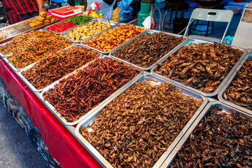Roasted insects, worms and scorpions as street food in Bangkok