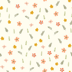 Seamless pattern of small scattered orange flowers and leaves on a cream background.