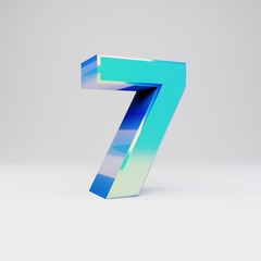 Sky blue 3d number 7. Metal font with glossy reflections and shadow isolated on white background.