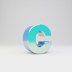 Sky blue 3d letter C lowercase. Metal font with glossy reflections and shadow isolated on white background.