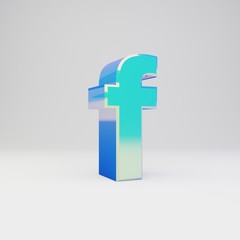 Obraz premium Sky blue 3d letter F lowercase. Metal font with glossy reflections and shadow isolated on white background.