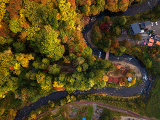 Aerial of autumn leaves at Nakano Momiji mountain, tourist attraction , Kuroishi, Aomori, Japan (Photo from drone)