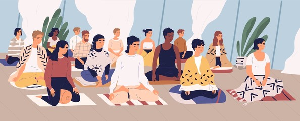 Group of young men and women sitting on floor, meditating and performing breath control exercise. Yoga retreat, spiritual practice, Vipassana buddhist meditation. Flat cartoon vector illustration.
