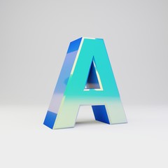Sky blue 3d letter A uppercase. Metal font with glossy reflections and shadow isolated on white background.