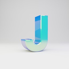 Sky blue 3d letter J uppercase. Metal font with glossy reflections and shadow isolated on white background.