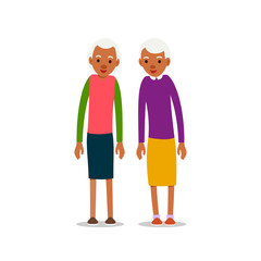 Two old african women, design for any purposes. Senior couple smiling. Retirement age. Happy attractive lifestyle. Female symbol. Cartoon illustration isolated on white background in flat style