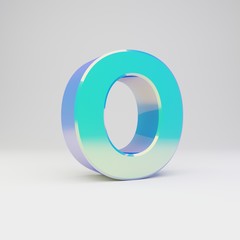 Sky blue 3d letter O uppercase. Metal font with glossy reflections and shadow isolated on white background.