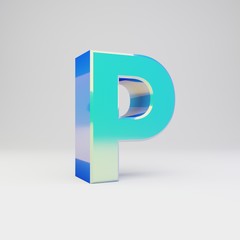 Sky blue 3d letter P uppercase. Metal font with glossy reflections and shadow isolated on white background.
