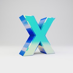 Obraz premium Sky blue 3d letter X uppercase. Metal font with glossy reflections and shadow isolated on white background.