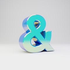 Sky blue 3d ampersand symbol. Metal font with glossy reflections and shadow isolated on white background.