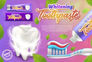 Promotional poster of whitening toothpaste. 3d vector illustration for advertising campaign.