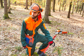 Lumberjack in protective clothing and with tools