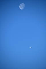 Aeroplane and the moon in a blue sky background