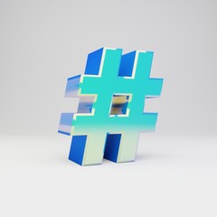 Fototapeta premium Sky blue 3d hashtag symbol. Metal font with glossy reflections and shadow isolated on white background.