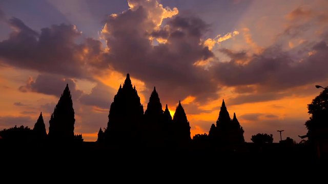 Prambanan temple silhouette at sunrise sky, Java island, Indonesia, Handled shot