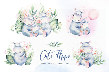 Hand drawn cute isolated tropical summer watercolor hippo animals. hippopotamus baby and mother cartoon animal illustrations, jungle tree, brazil trendy design. Aloha collection.
