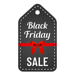 black friday sale white lettering with red ribbon and bow on trendy black tag. black friday commercial illustartion for seasonal promotions and advertising in stores