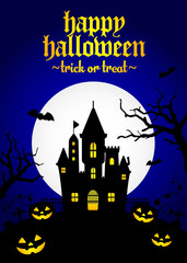 Halloween silhouette background vector illustration. Poster (flyer) template design / blue