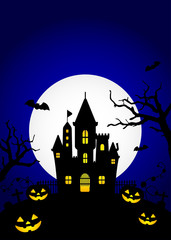 Halloween silhouette background vector illustration. Poster (flyer) template design (text space) / blue