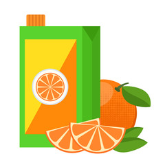 Juice pack and orange slices with green leaves in cartoon flat style on white,  stock vector illustration