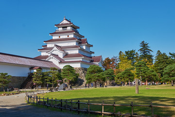 Vibrant autumn colors (foliage) at Aizu-Wakamatsu castle or Tsuruga castle, Aizu, Fukushima Prefecture, Japan