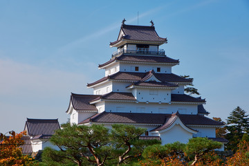 Vibrant autumn colors (foliage) at Aizu-Wakamatsu castle or Tsuruga castle, Aizu, Fukushima Prefecture, Japan