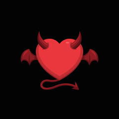 Devil love with demon wing vector illustration. Heart symbol with horn and tail icon. simple graphic for evil relationship concept design.