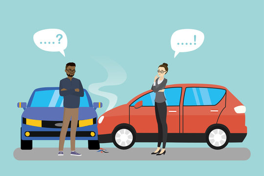 Car Crash Cartoon Banner.Car Accident Concept,two Unhappy People,