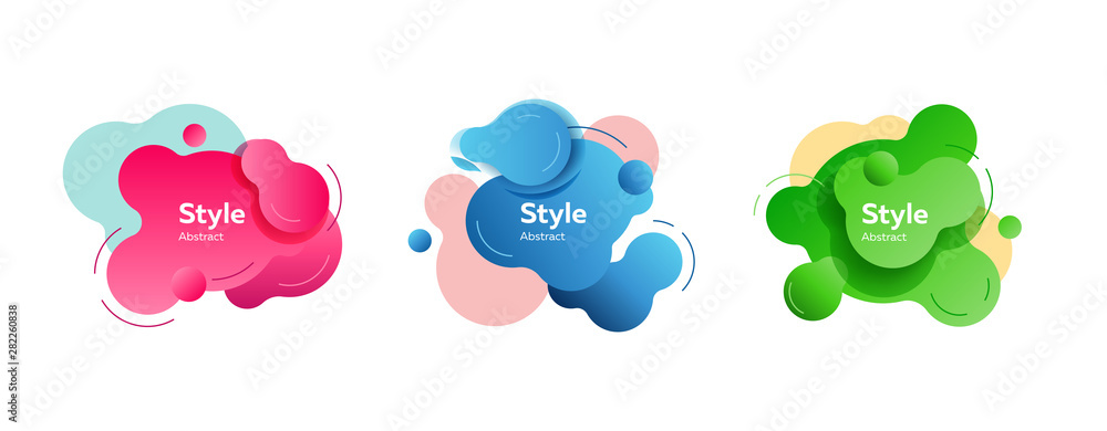 Poster set of bright abstract figures. dynamical colored forms and line. gradient banners with flowing liqu