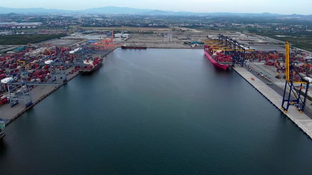 Aerial view, harbor by crane, international water transport.