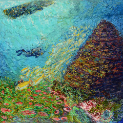 Oil painting of a diver exploring ancient underwater pyramid with corals and fish