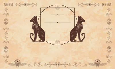 Ancient Egypt background.  Black cats and sacred scarab. Egyptian frame template. Old paper vector. Travel and History art