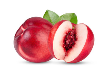 Nectarine fruit with leaf isolated on white background. full depth of field