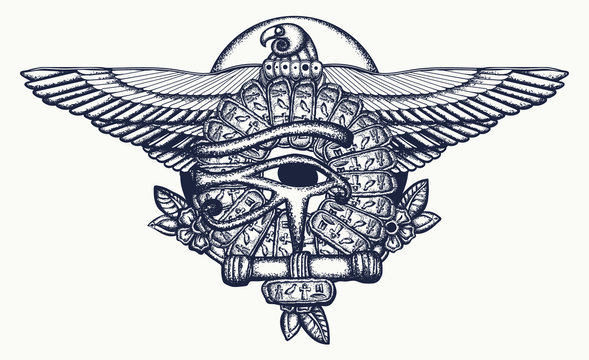 Ancient Egypt tattoo. Horus eye and egyptian falcon.  Sacred eagle and sun. History art, t-shirt design