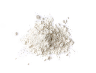 Fototapeta na wymiar Pile of flour isolated on white background. Top view