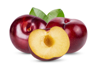 red cherry plum with leaf isolated on white background. full depth of field