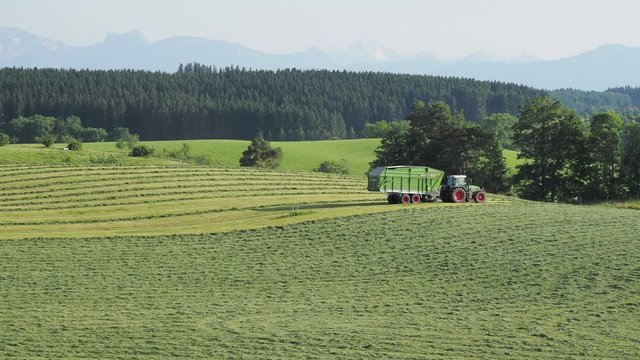 Marktoberdorf, Germany. Green fields with grass and hay cut ready to be harvested. Fendt tractor with hay collection Tigo trailer. Hills in southern Germany, not far from the Alps