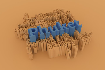 Phuket, city travel destination keyword words cloud. For web page, graphic design, texture or background. 3D rendering.