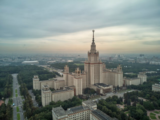 Obraz premium Aerial view of Lomonosov Moscow State University MGU on Sparrow Hills, Moscow, Russia. Aerial drone panorama view
