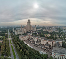 Naklejka premium Aerial view of Lomonosov Moscow State University MGU on Sparrow Hills, Moscow, Russia. Aerial drone panorama view