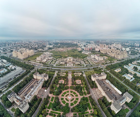 Aerial view of Lomonosov Moscow State University MGU on Sparrow Hills, Moscow, Russia. Aerial drone panorama view