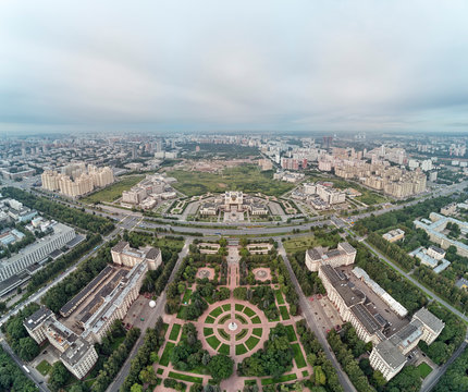 Aerial view of Lomonosov Moscow State University MGU on Sparrow Hills, Moscow, Russia. Aerial drone panorama view
