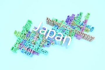 Japan, country travel destination keyword words cloud. For web page, graphic design, texture or background. 3D rendering.