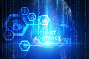 The concept of business, technology, the Internet and the network. A young entrepreneur working on a virtual screen of the future and sees the inscription: Smart contract