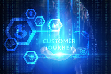 The concept of business, technology, the Internet and the network. A young entrepreneur working on a virtual screen of the future and sees the inscription: Customer journey