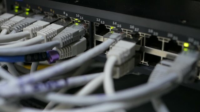 Optical server. Commutator. flashing lights. Optical fiber. Video IP Gateways.