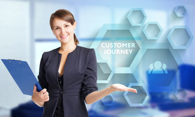The concept of business, technology, the Internet and the network. A young entrepreneur working on a virtual screen of the future and sees the inscription: Customer journey