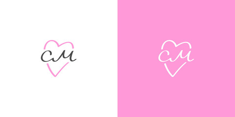 Wedding hand-drawn C M monogram in a  pink heart