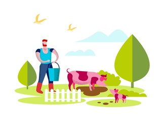 Fototapeta premium Man Feeding Pigs in Livestock, Summer Activity