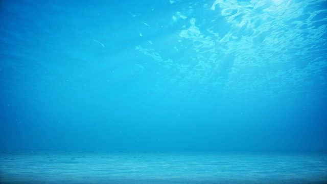 Rays of sunlight shining from above penetrate deep clear blue water. Caustic effect in the seabed. Sunlight beams underwater. Small bubbles move up. Seamless Loop-able 3D Animation 4K